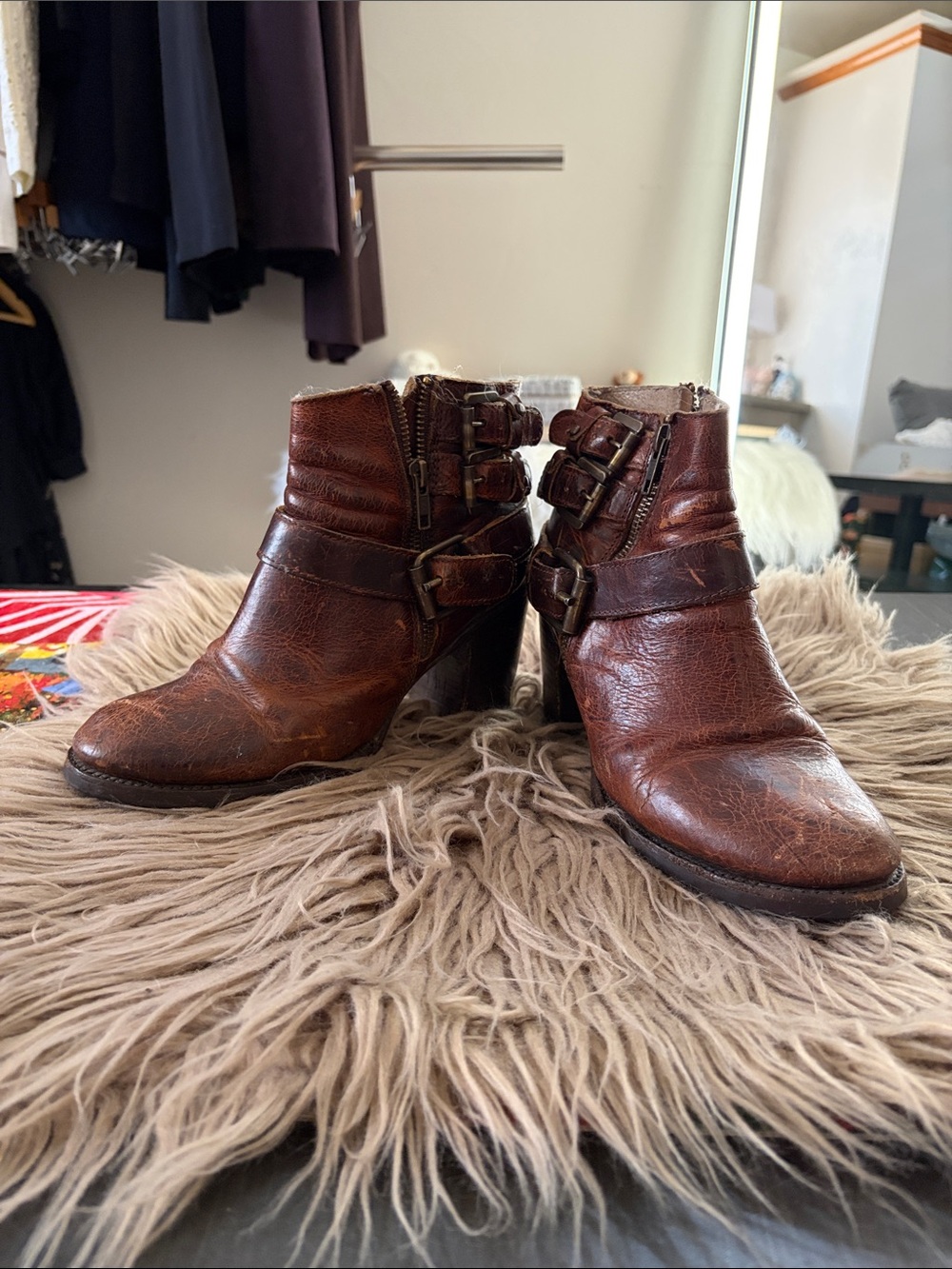 FreeBird Women's Brown Leather Buckle Ankle Boots
